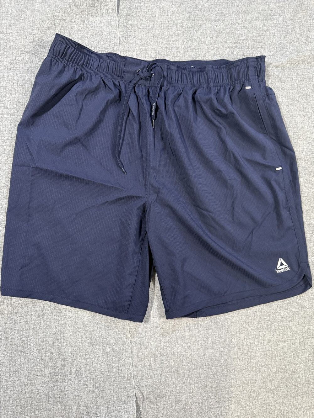 Reebok Mens Athletic Shorts Navy Blue Drawstring Zip Pocket Y2K Vintage Gym